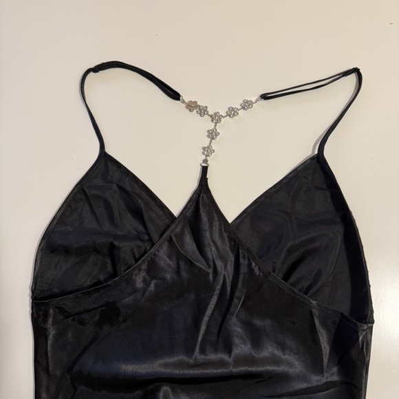 Luxury Lingerie Satin Slip Dress La Vie en Rose Black Maxi – Rhinestone Straps, - Picture 3 of 7